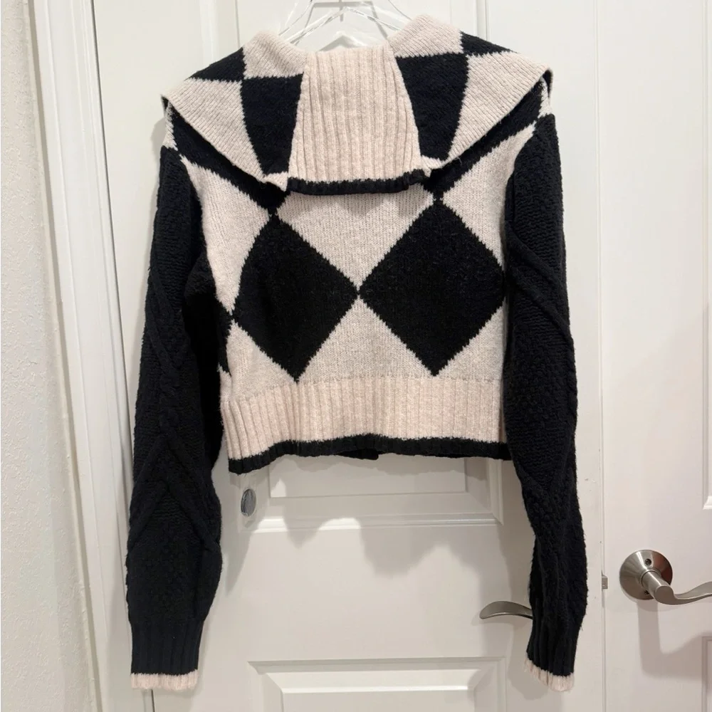 FREE PEOPLE WE THE FREE Joy Diamond Polo Cardigan Sweater in Black Cream size XS